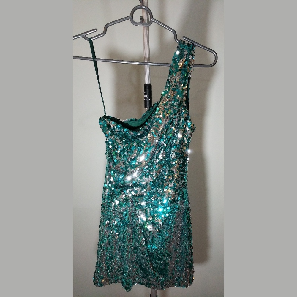 Sparkling green and silver sequin party dress